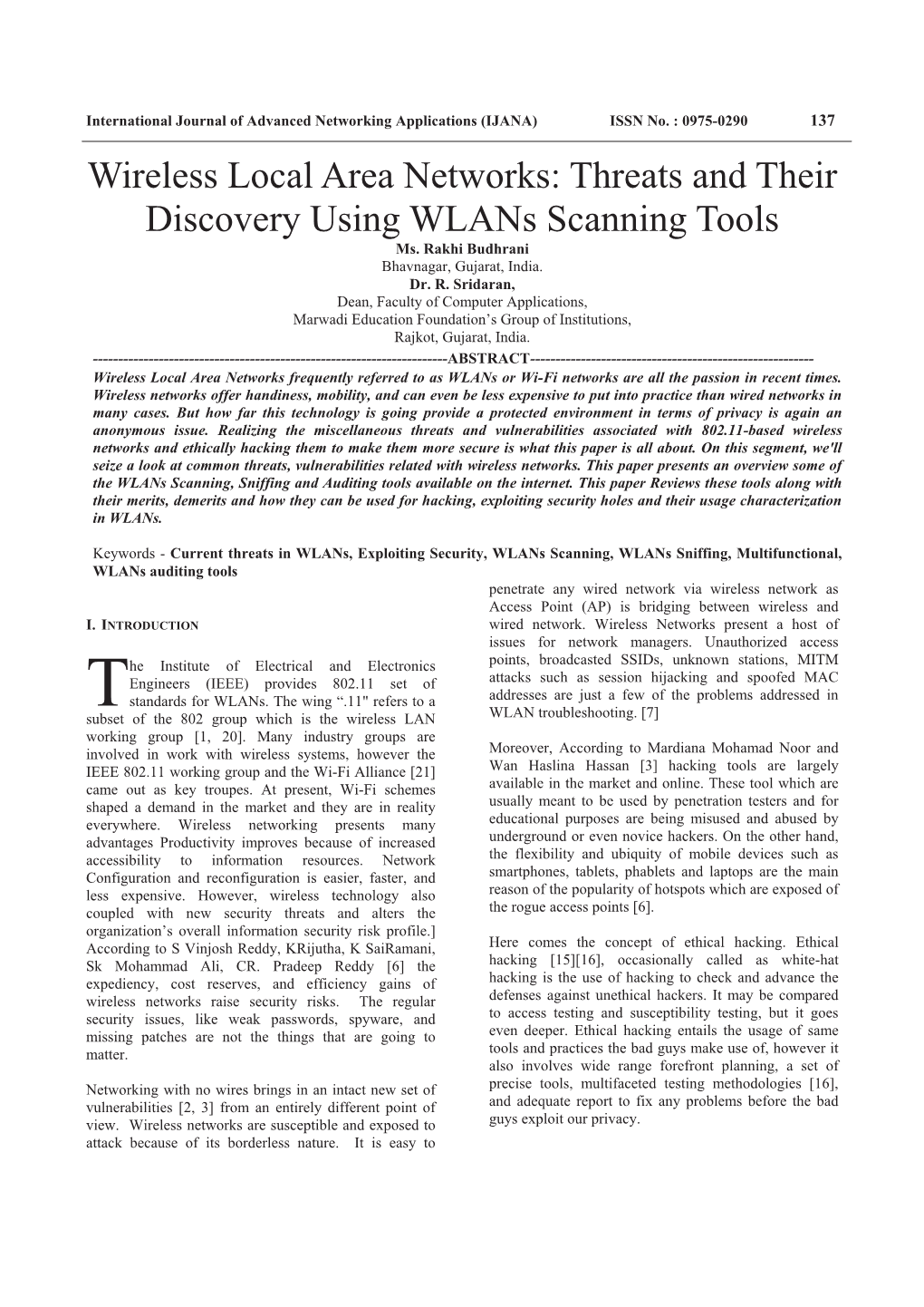 Wireless Local Area Networks: Threats and Their Discovery Using Wlans Scanning Tools Ms