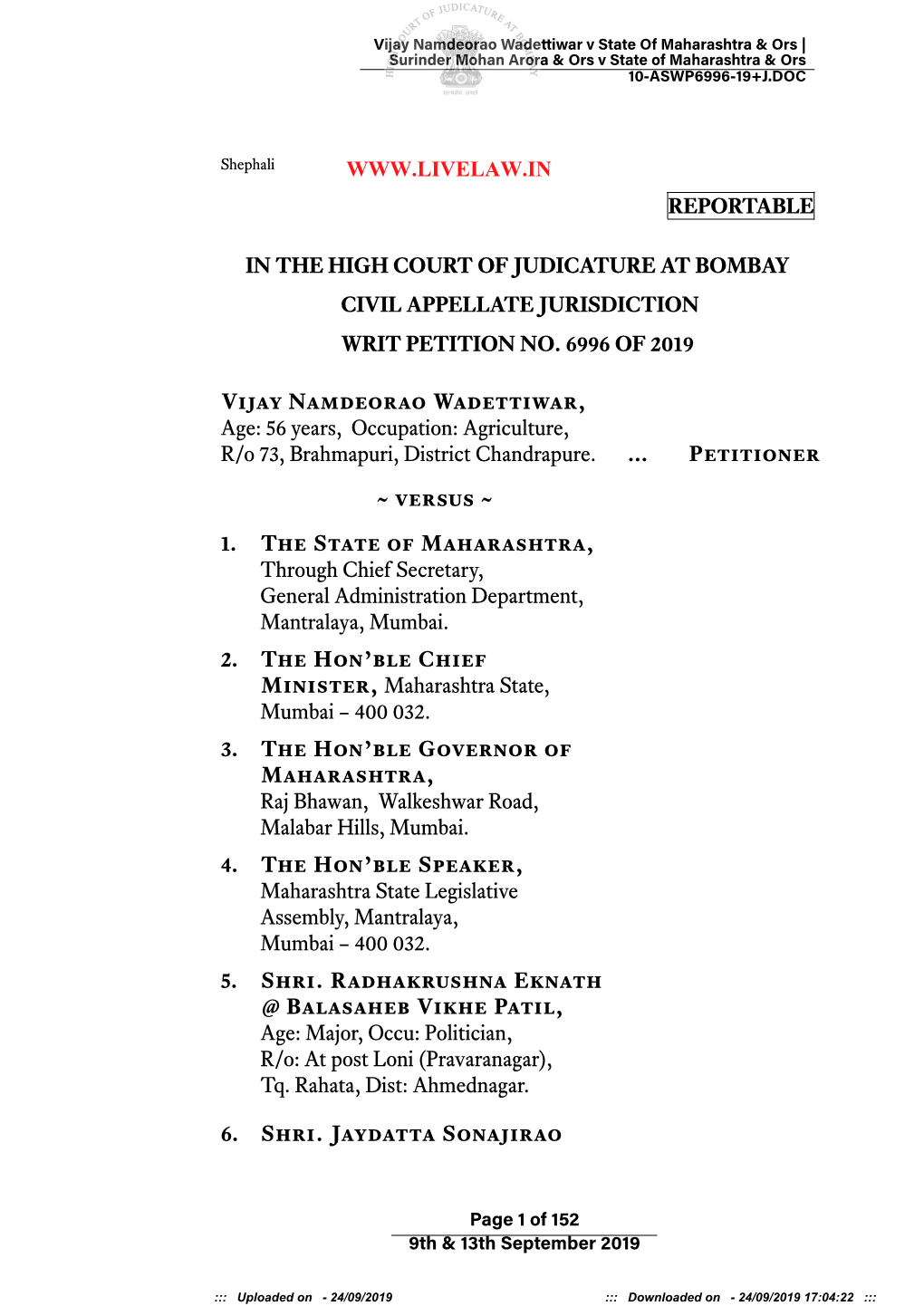 Vijay Namdeorao Wadettiwar V State of Maharashtra & Ors | Surinder Mohan Arora & Ors V State of Maharashtra & Ors 10-ASWP6996-19+J.DOC