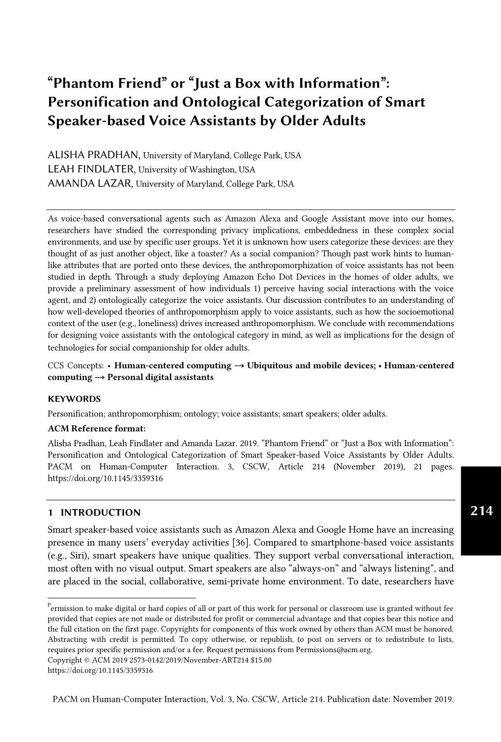 Personification and Ontological Categorization of Smart Speaker-Based Voice Assistants by Older Adults