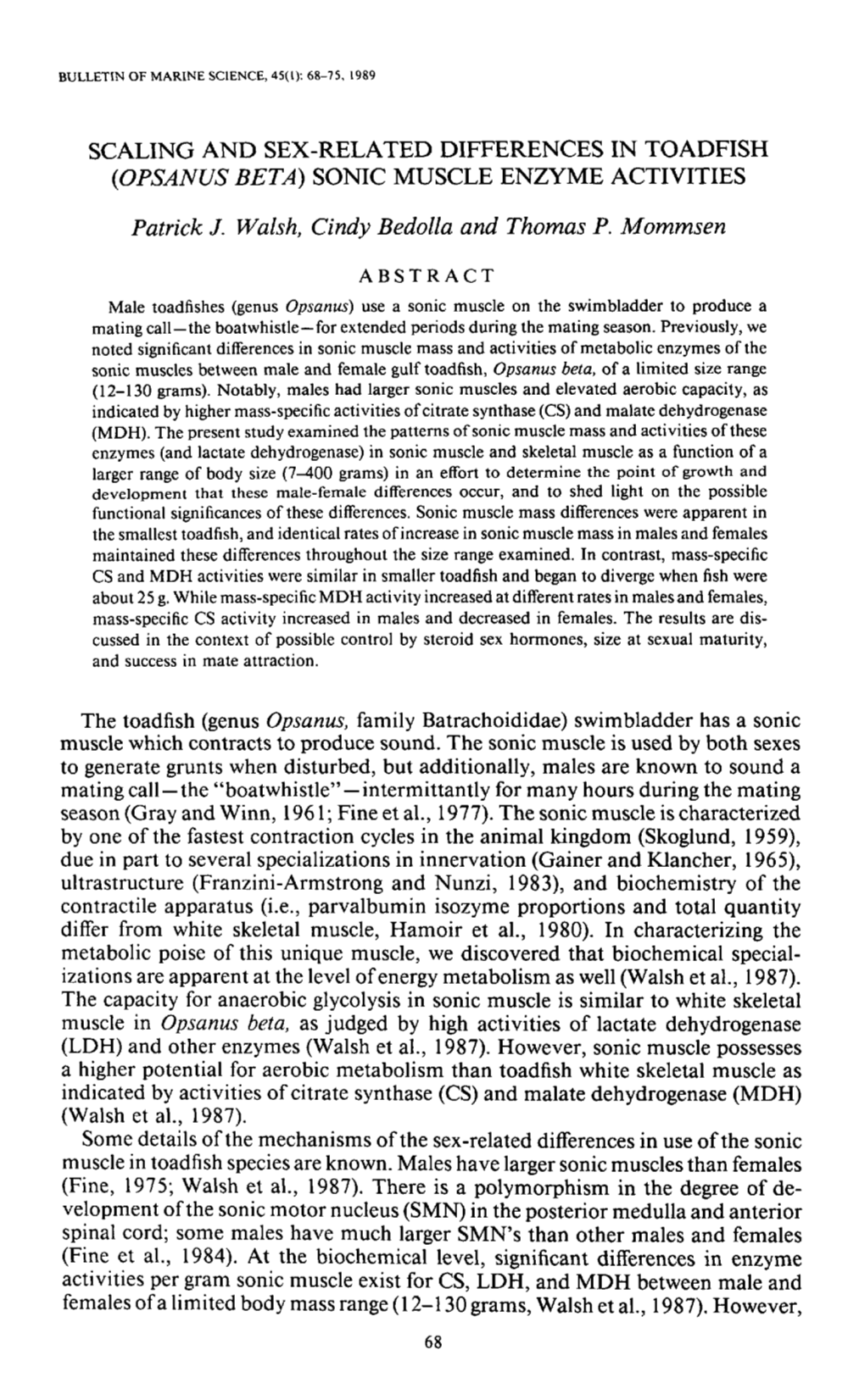 (<I>Opsanus Beta</I>) Sonic Muscle Enzyme Activities