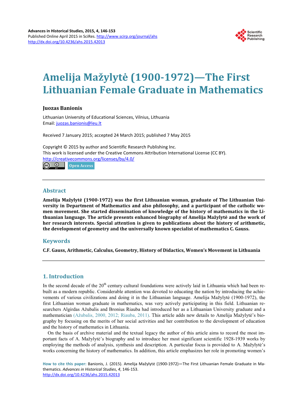 Amelija Mažylytė (1900-1972)—The First Lithuanian Female Graduate in Mathematics