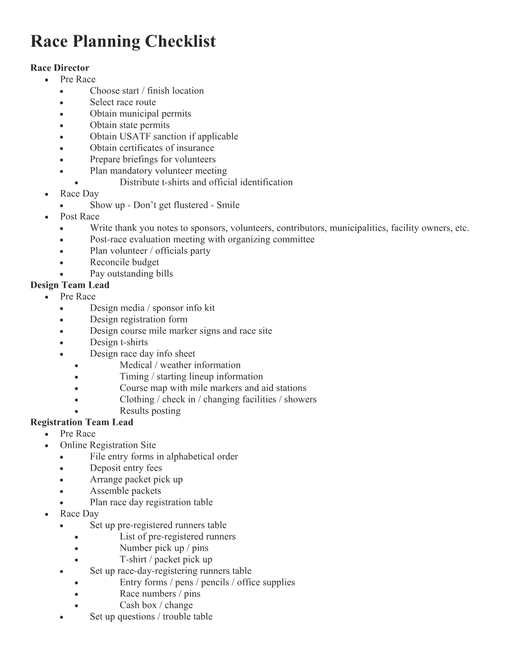 Race Planning Checklist