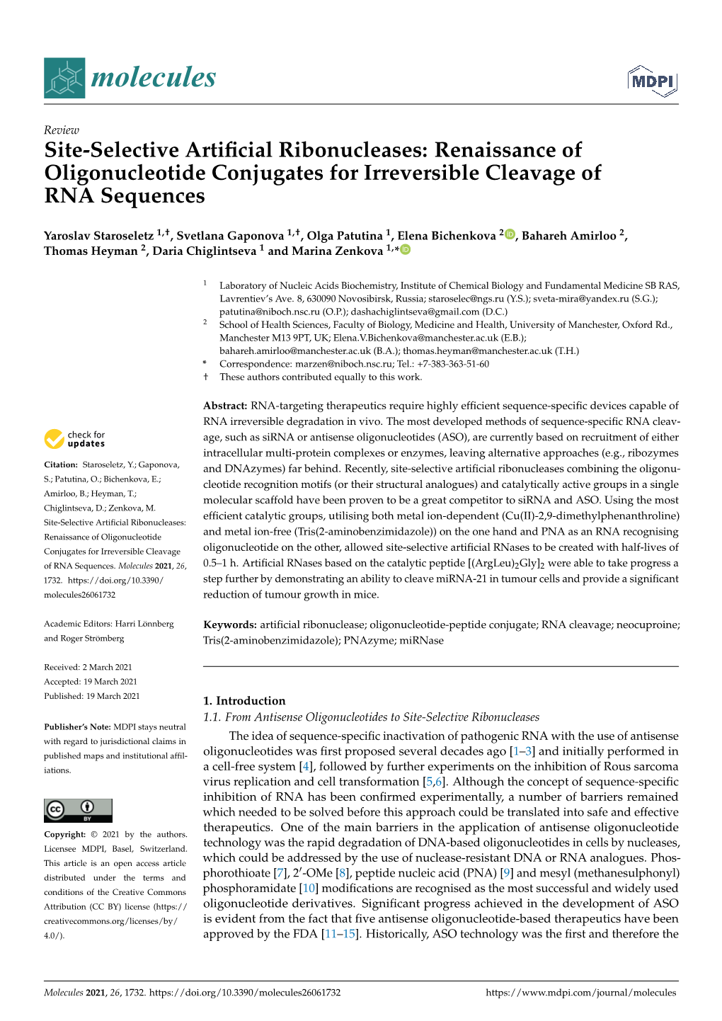 Site-Selective Artificial Ribonucleases: Renaissance of Oligonucleotide Conjugates for Irreversible Cleavage of RNA Sequences