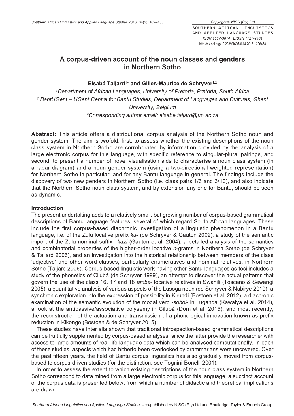 A Corpus-Driven Account of the Noun Classes and Genders in Northern Sotho