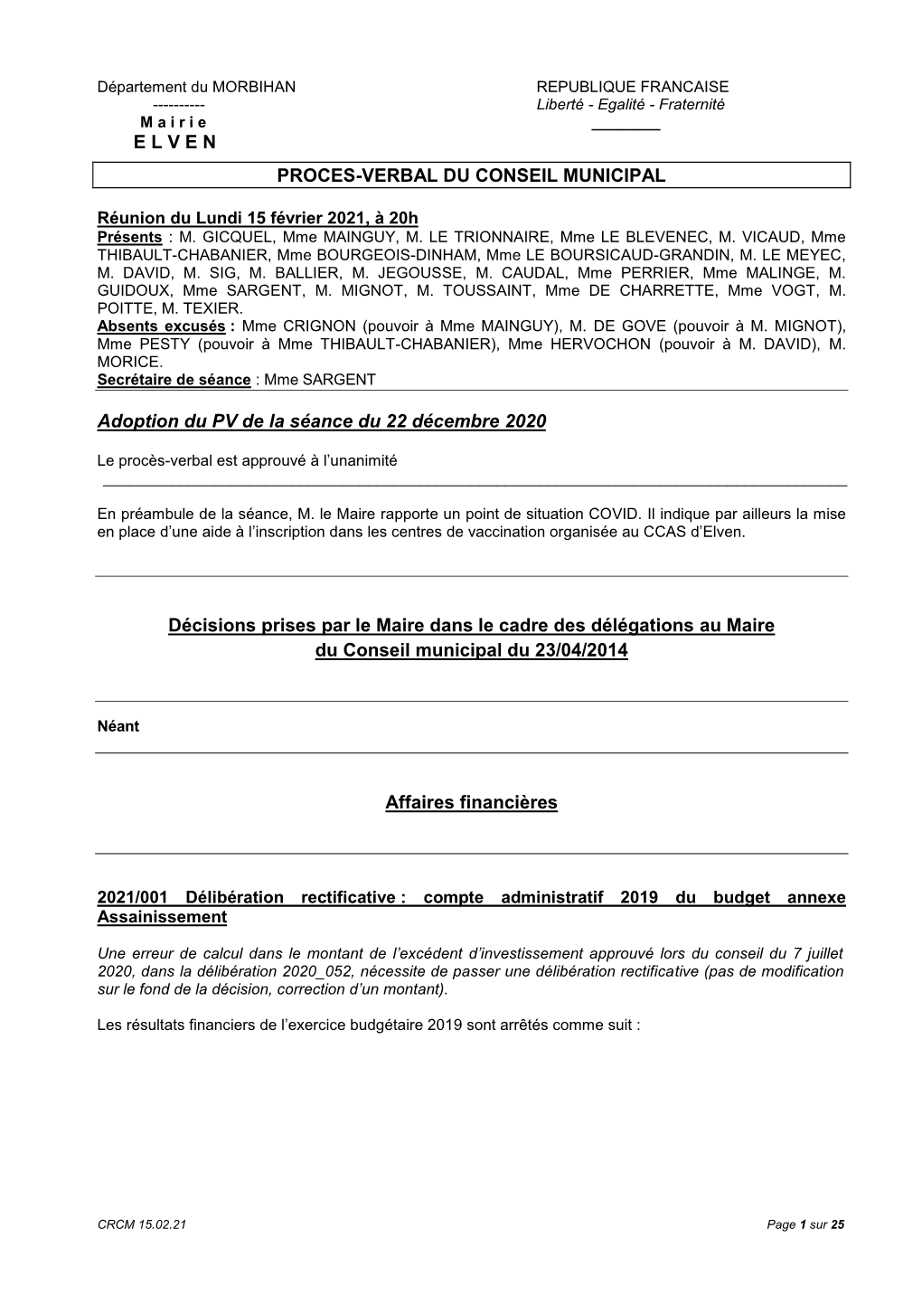 Conseil Municipal Du 15 Février 2021