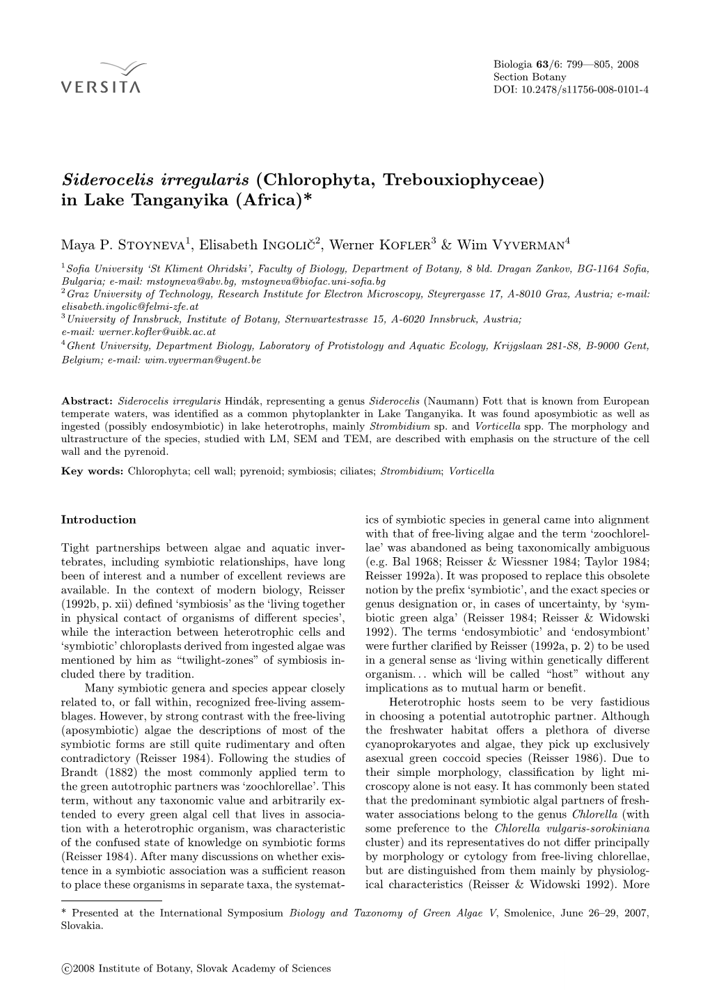 Chlorophyta, Trebouxiophyceae) in Lake Tanganyika (Africa)*