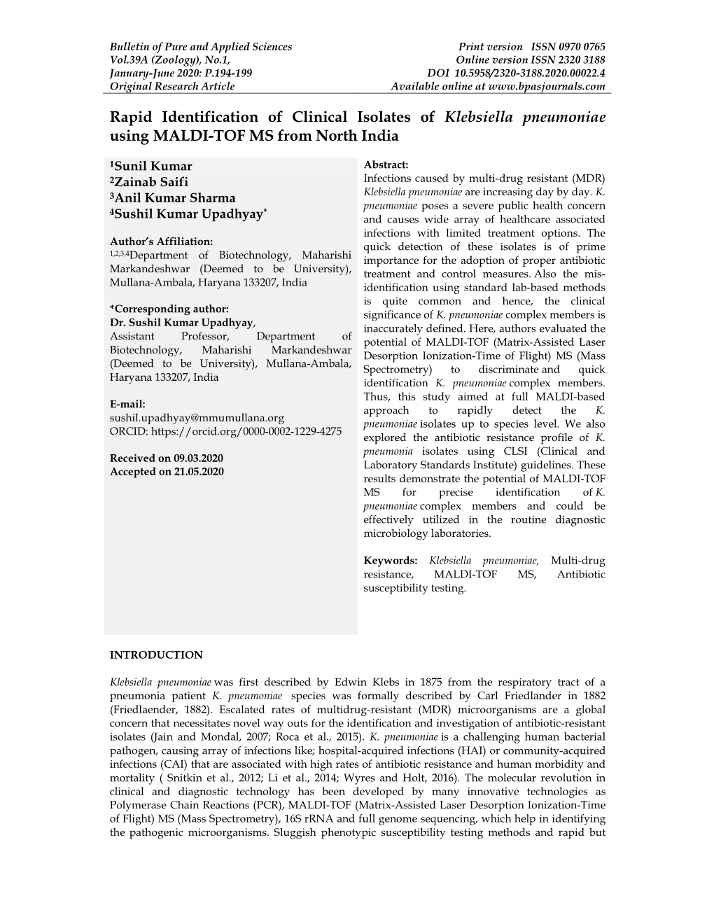 Rapid Identification of Clinical Isolates of Klebsiella Pneumoniae Using MALDI-TOF MS from North India