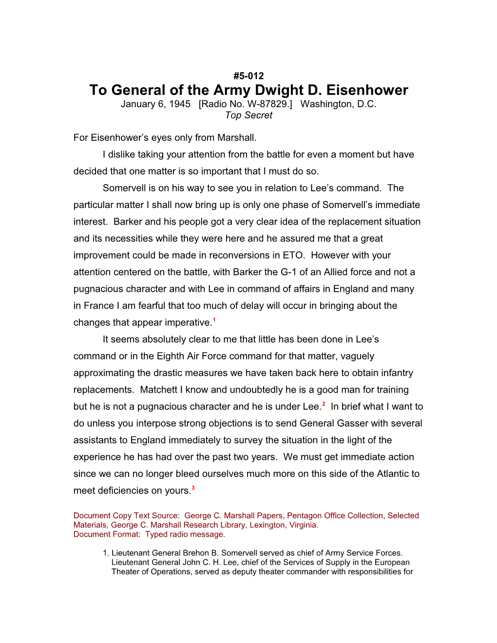 To General of the Army Dwight D. Eisenhower