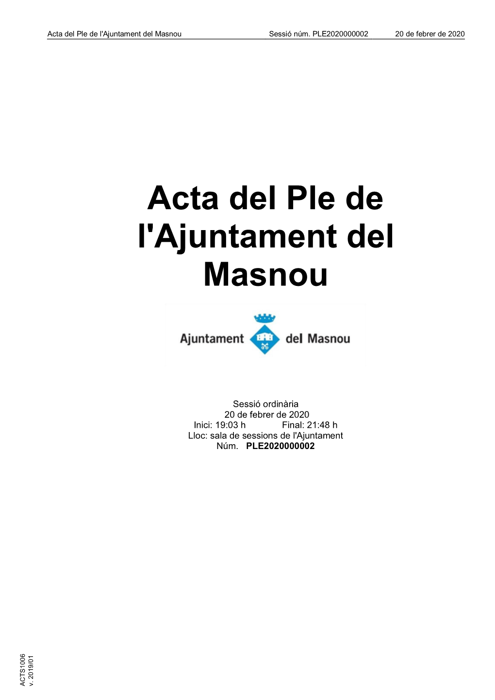 Acta Del Ple De L'ajuntament Del Masnou Sessió Núm