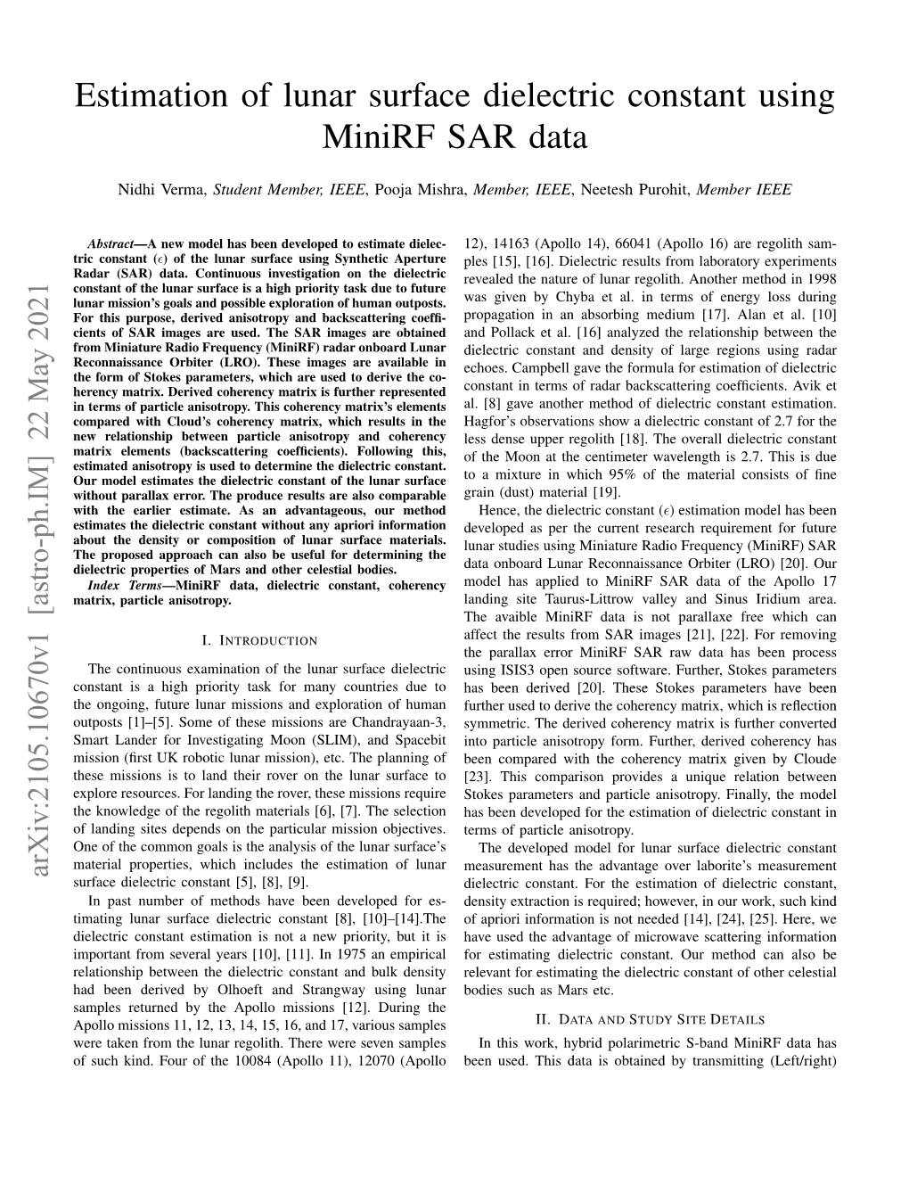 Estimation of Lunar Surface Dielectric Constant Using Minirf SAR Data