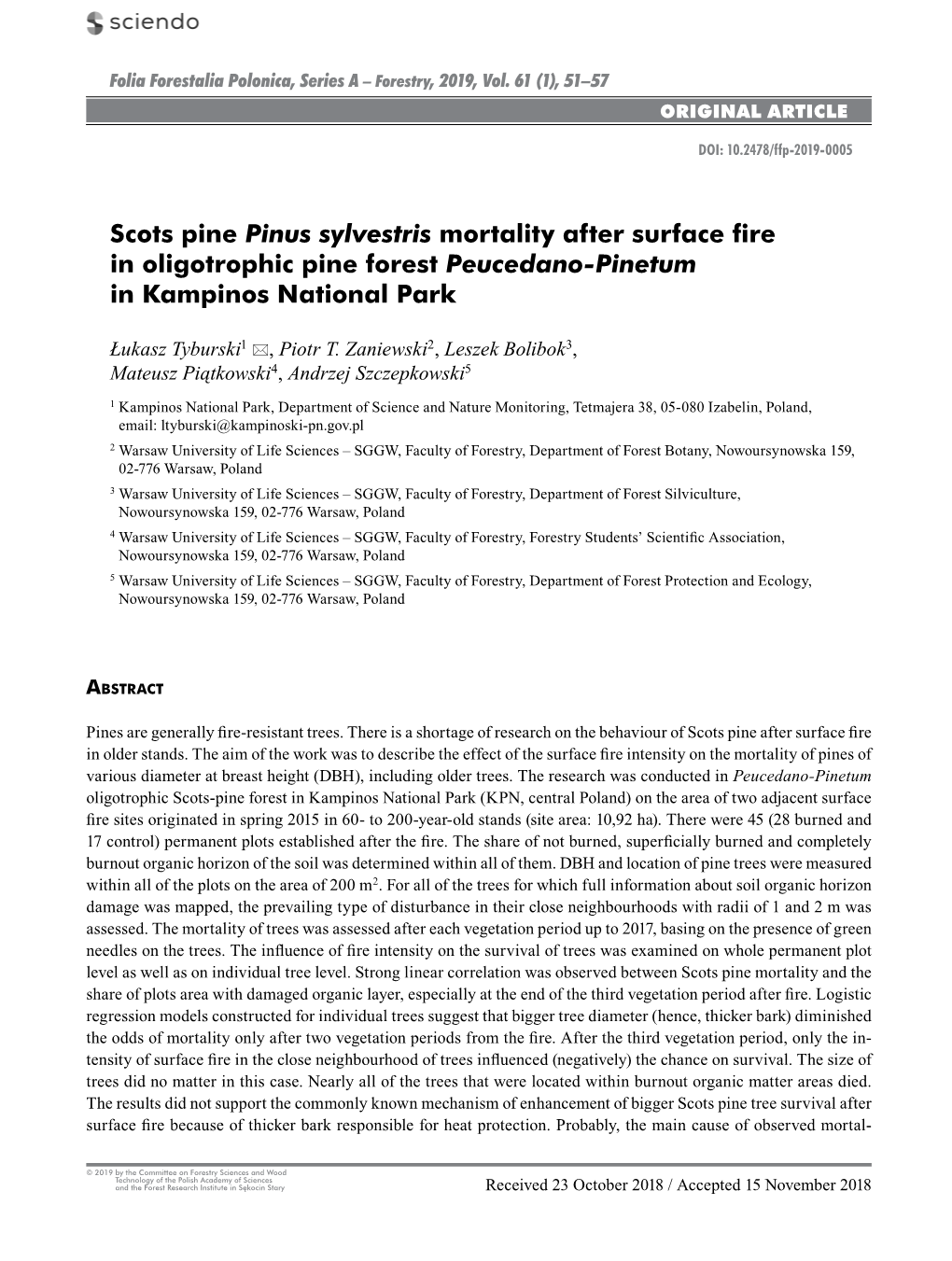 Scots Pine Pinus Sylvestris Mortality After Surface Fire in Oligotrophic Pine Forest Peucedano-Pinetum in Kampinos National Park