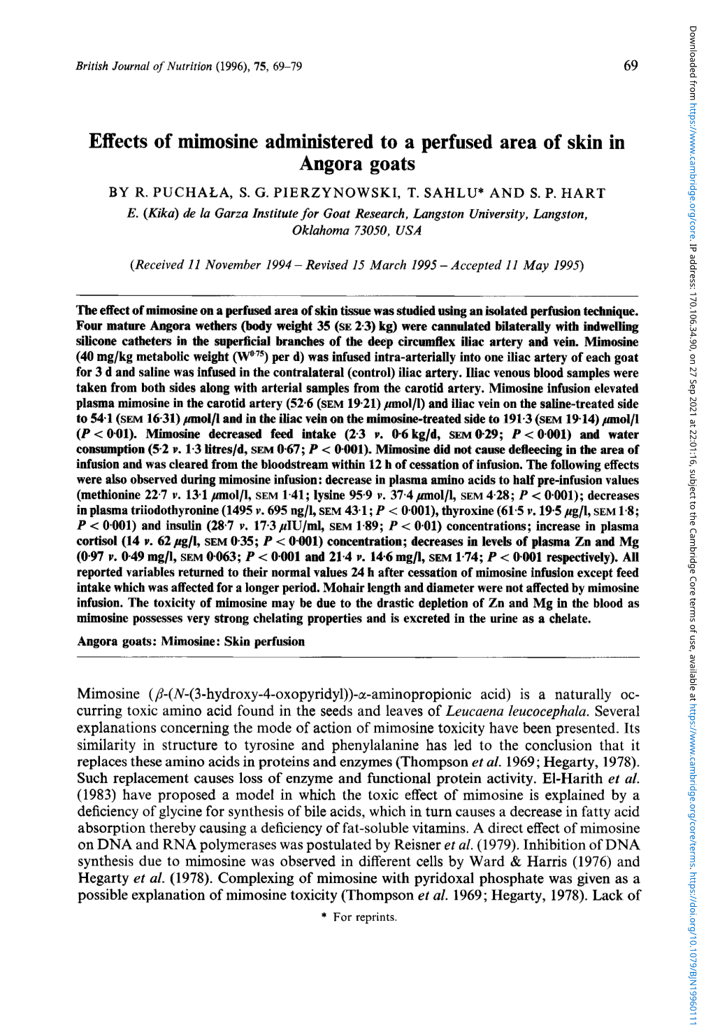 Effects of Mimosine Administered to a Perfused Area of Skin in Angora Goats by R