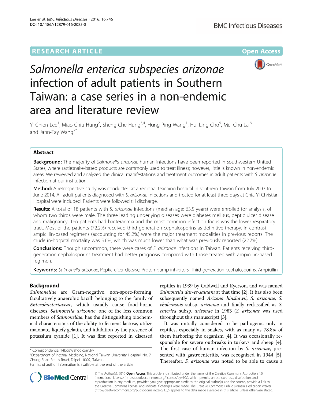 Salmonella Enterica Subspecies Arizonae Infection of Adult Patients