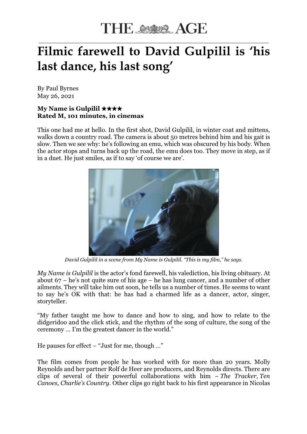 Filmic Farewell to David Gulpilil Is 'His Last Dance, His Last