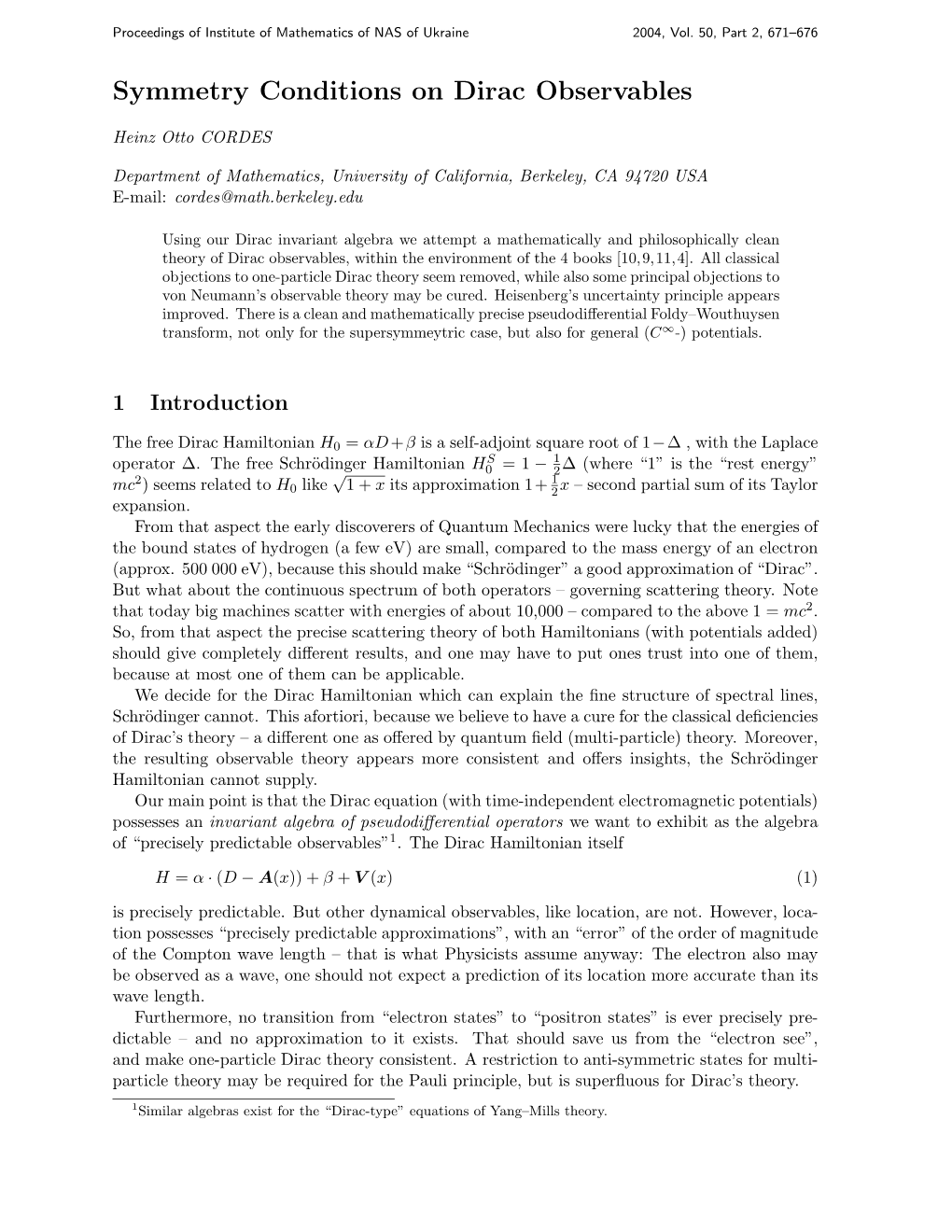 Symmetry Conditions on Dirac Observables