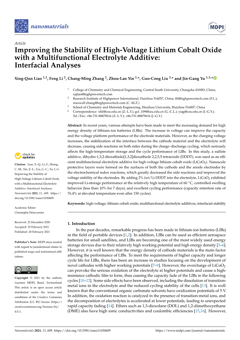 Improving the Stability of High-Voltage Lithium Cobalt Oxide with a Multifunctional Electrolyte Additive: Interfacial Analyses