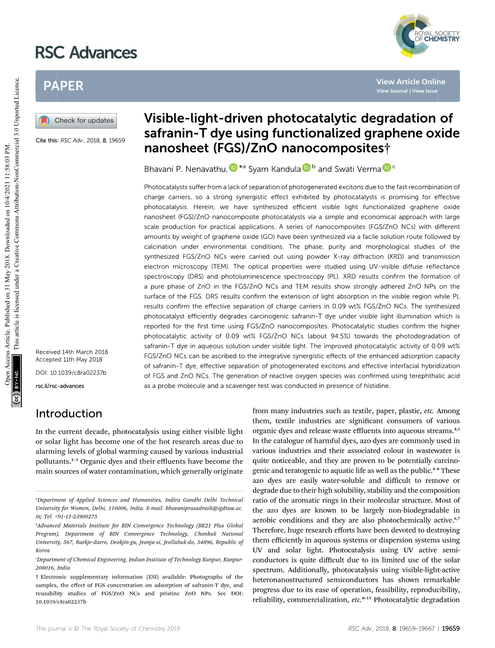 Visible-Light-Driven Photocatalytic Degradation of Safranin-T Dye Using