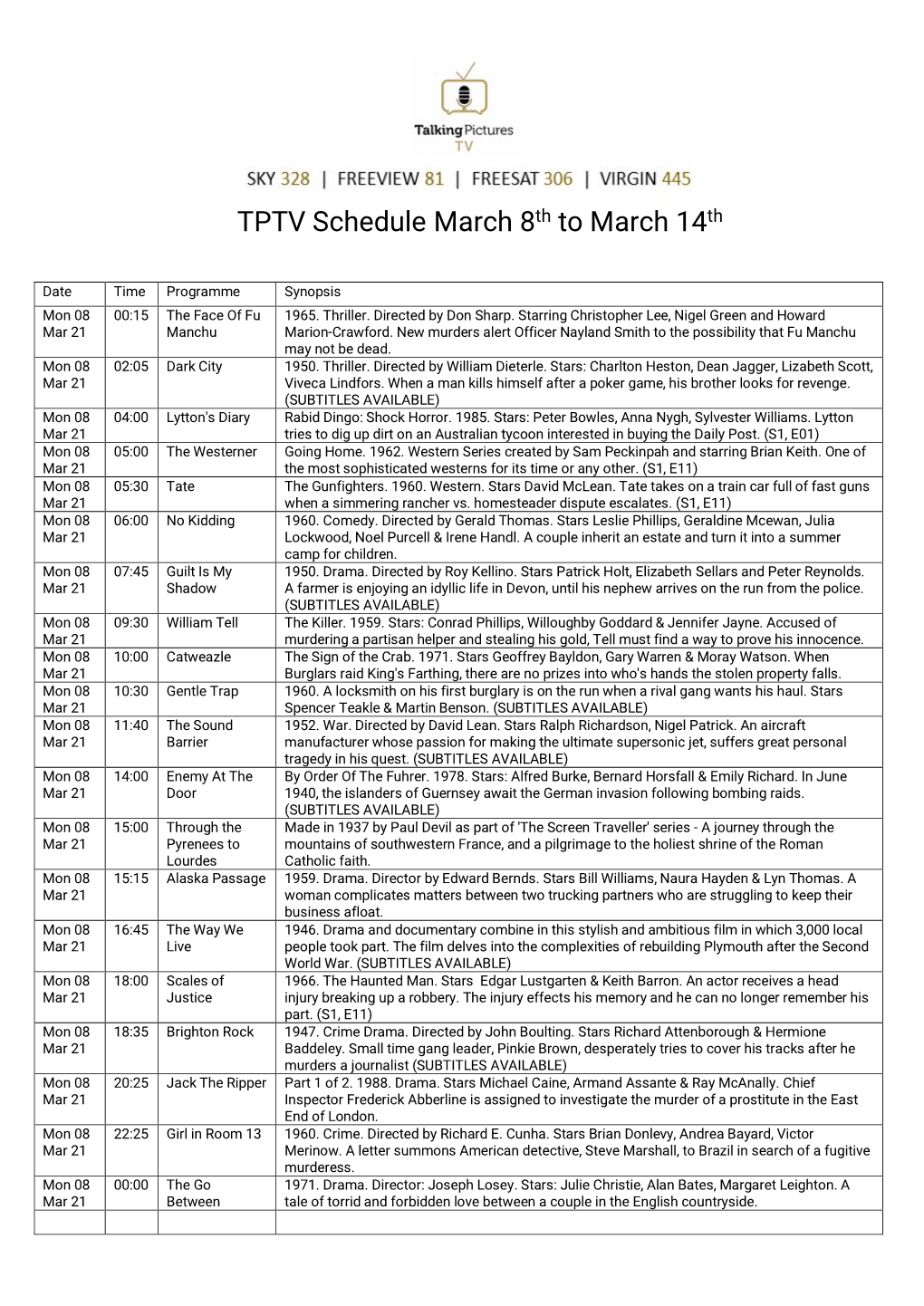 TPTV Schedule March 8Th to March 14Th