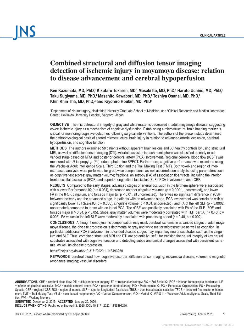 Combined Structural and Diffusion Tensor Imaging Detection of Ischemic Injury in Moyamoya Disease: Relation to Disease Advancement and Cerebral Hypoperfusion