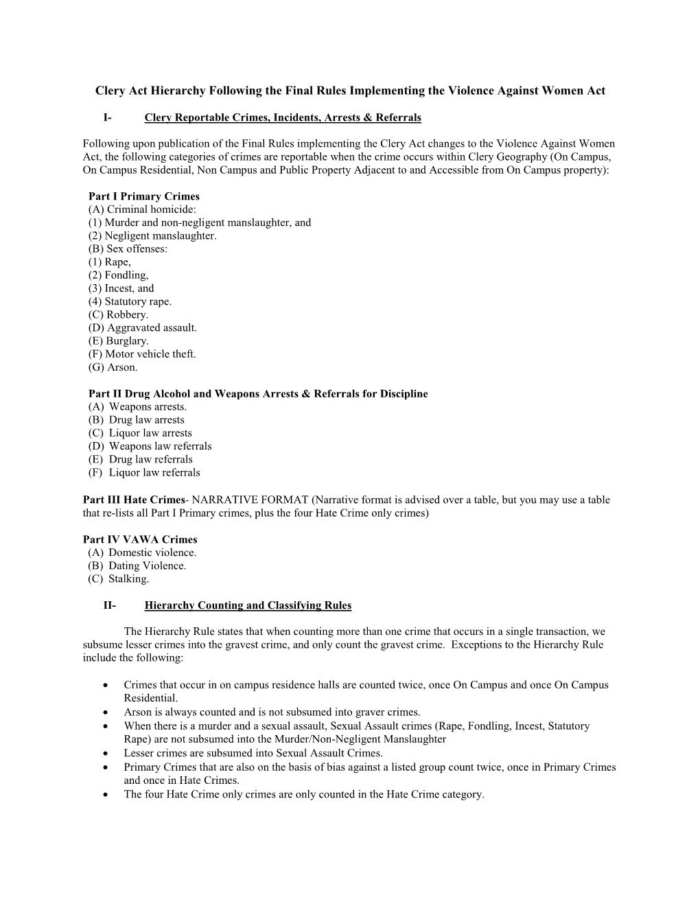 Clery Act Hierarchy Following the Final Rules Implementing the Violence Against Women Act