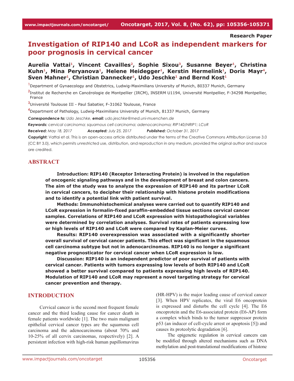 Investigation of RIP140 and Lcor As Independent Markers for Poor Prognosis in Cervical Cancer