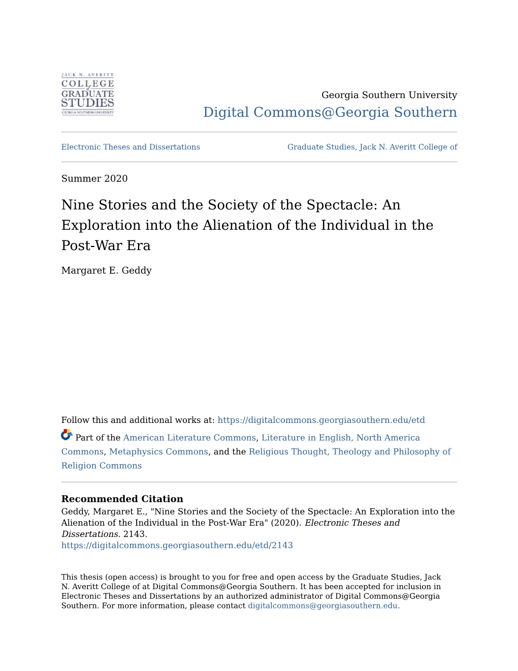 Nine Stories and the Society of the Spectacle: an Exploration Into the Alienation of the Individual in the Post-War Era