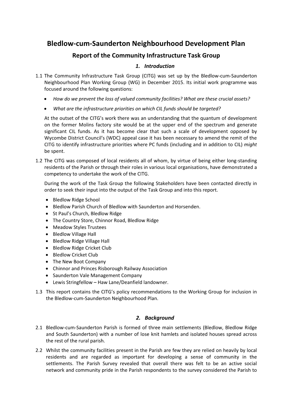 Bledlow-Cum-Saunderton Neighbourhood Development Plan Report of the Community Infrastructure Task Group 1