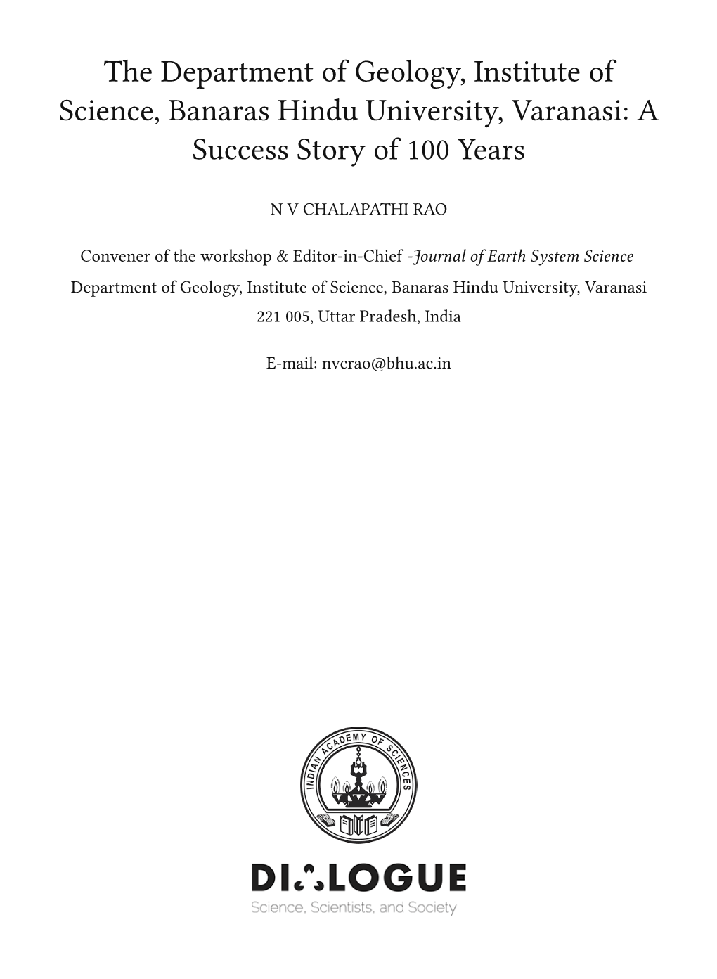 The Department of Geology, Institute of Science, Banaras Hindu University, Varanasi: a Success Story of 100 Years