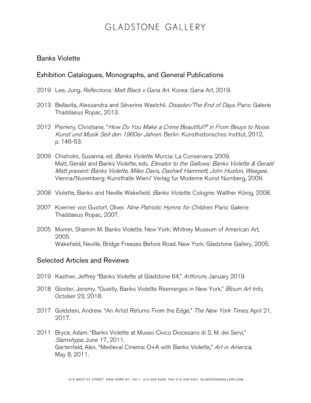 Banks Violette Exhibition Catalogues, Monographs, and General