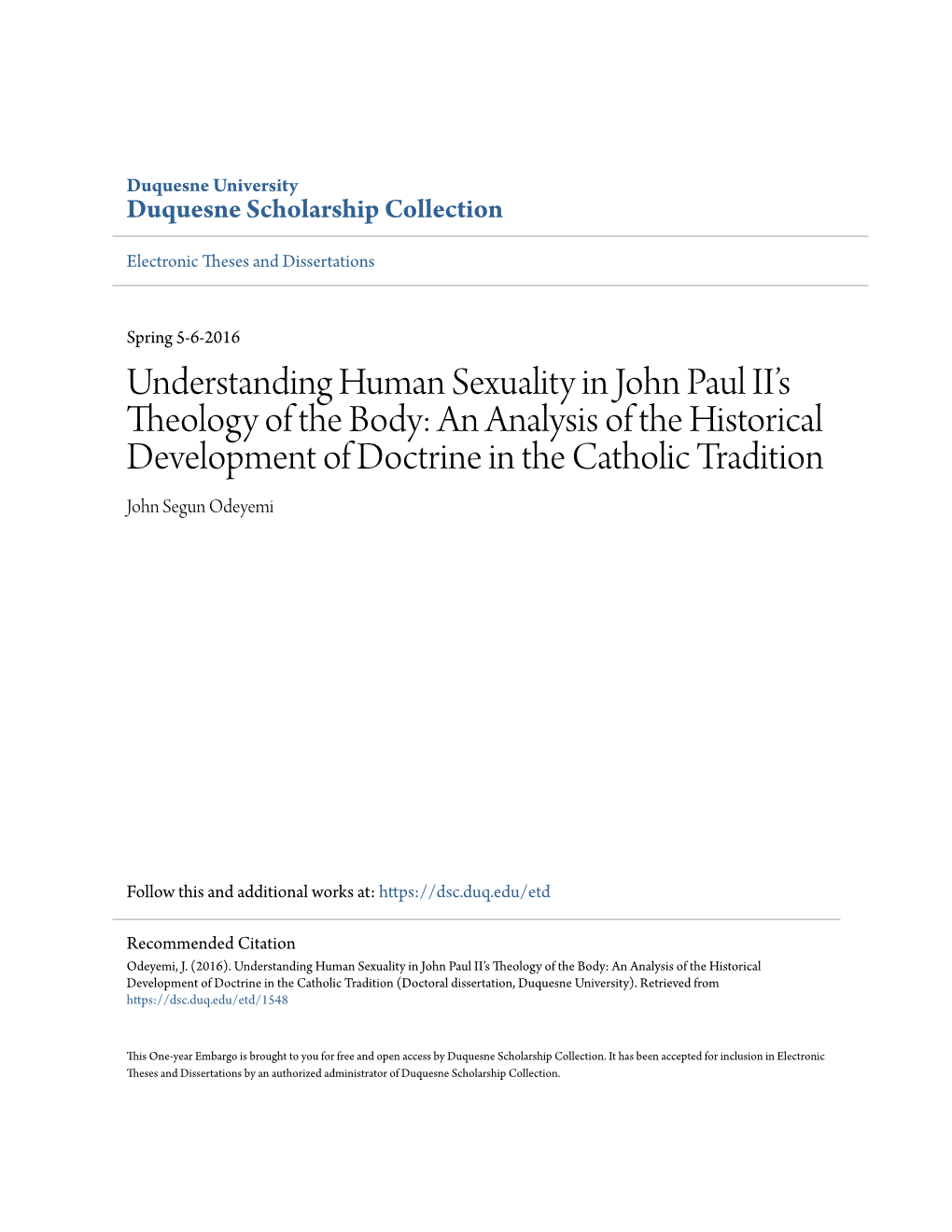 Understanding Human Sexuality in John Paul II's Theology of the Body
