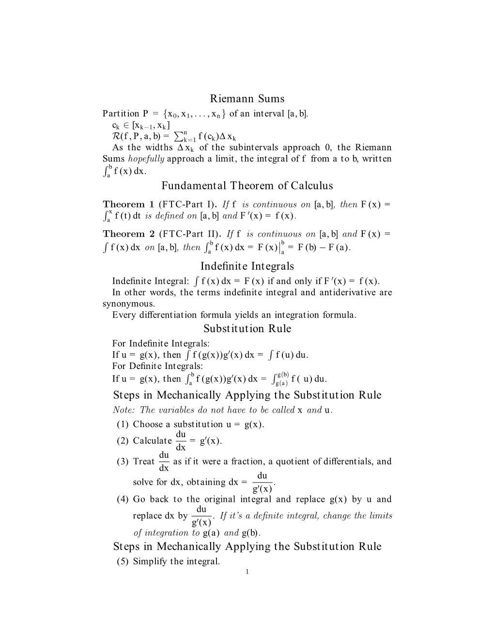 Riemann Sums Fundamental Theorem of Calculus Indefinite