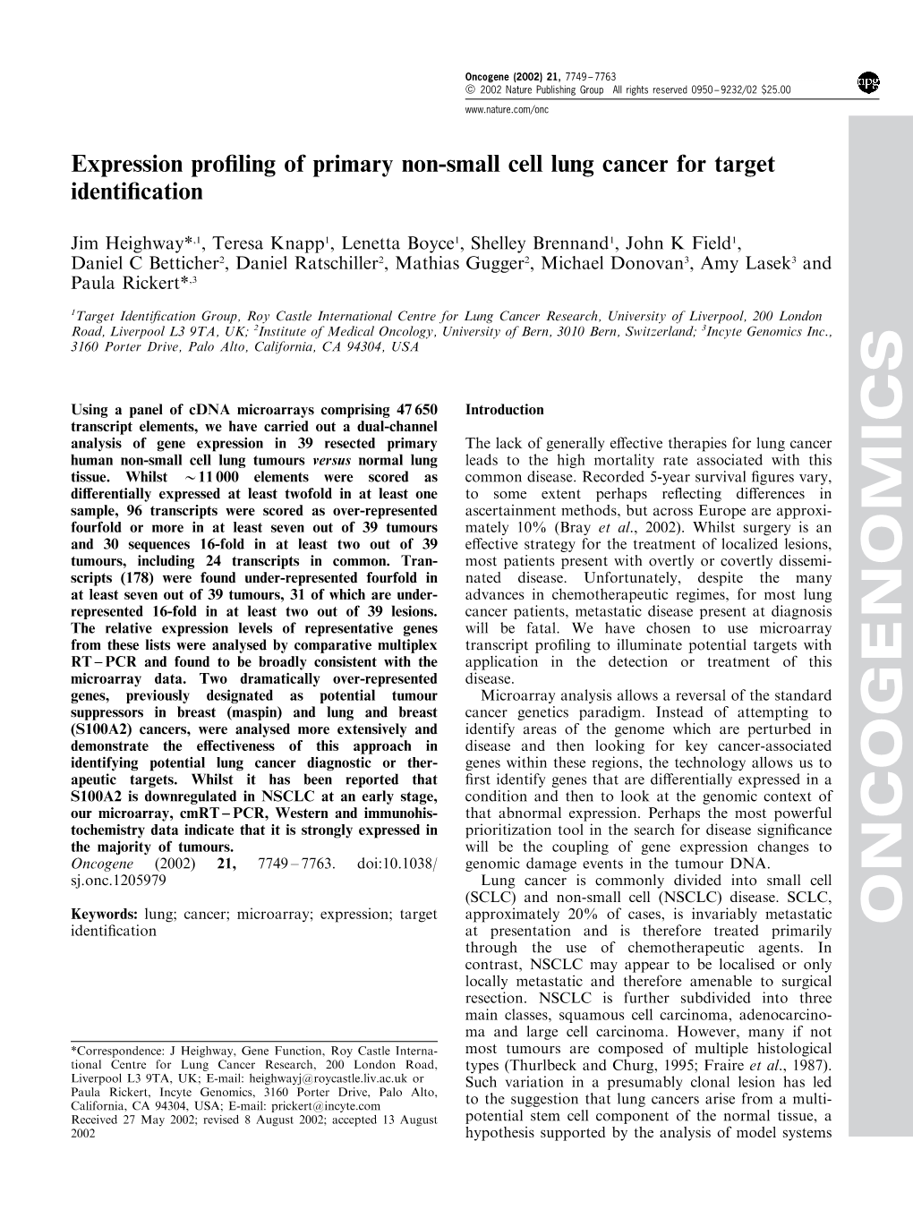 ONCOGENOMICS Through the Use of Chemotherapeutic Agents