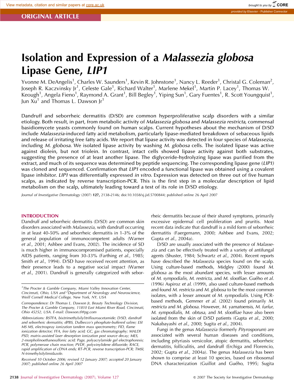 Isolation and Expression of a Malassezia Globosa Lipase Gene, LIP1 Yvonne M