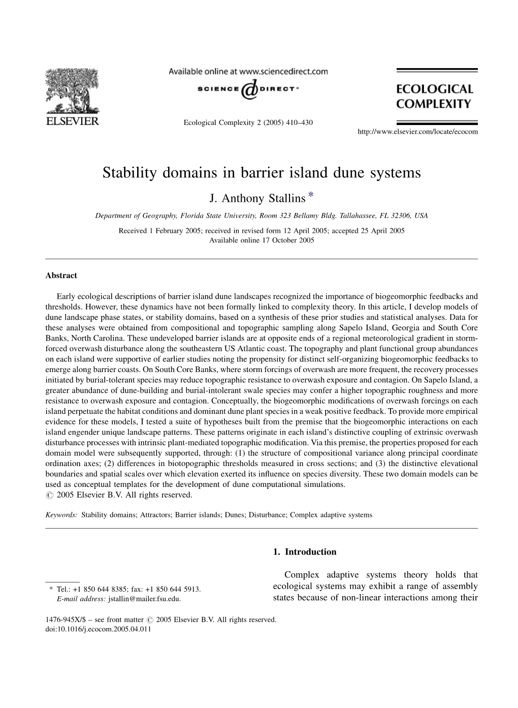 Stability Domains in Barrier Island Dune Systems J