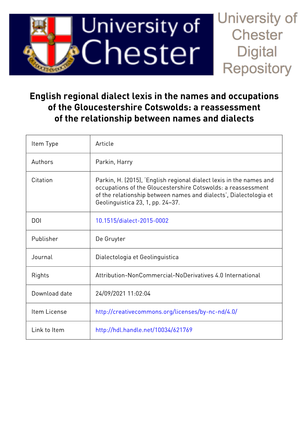 English Regional Dialect Lexis in the Names and Occupations of the Gloucestershire Cotswolds: a Reassessment of the Relationship Between Names and Dialects