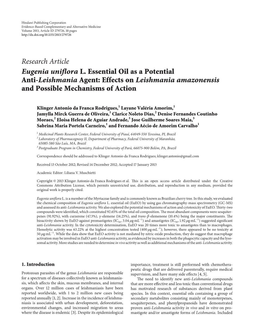 Eugenia Uniflora L. Essential Oil As a Potential Anti-Leishmania Agent: Effects on Leishmania Amazonensis and Possible Mechanisms of Action