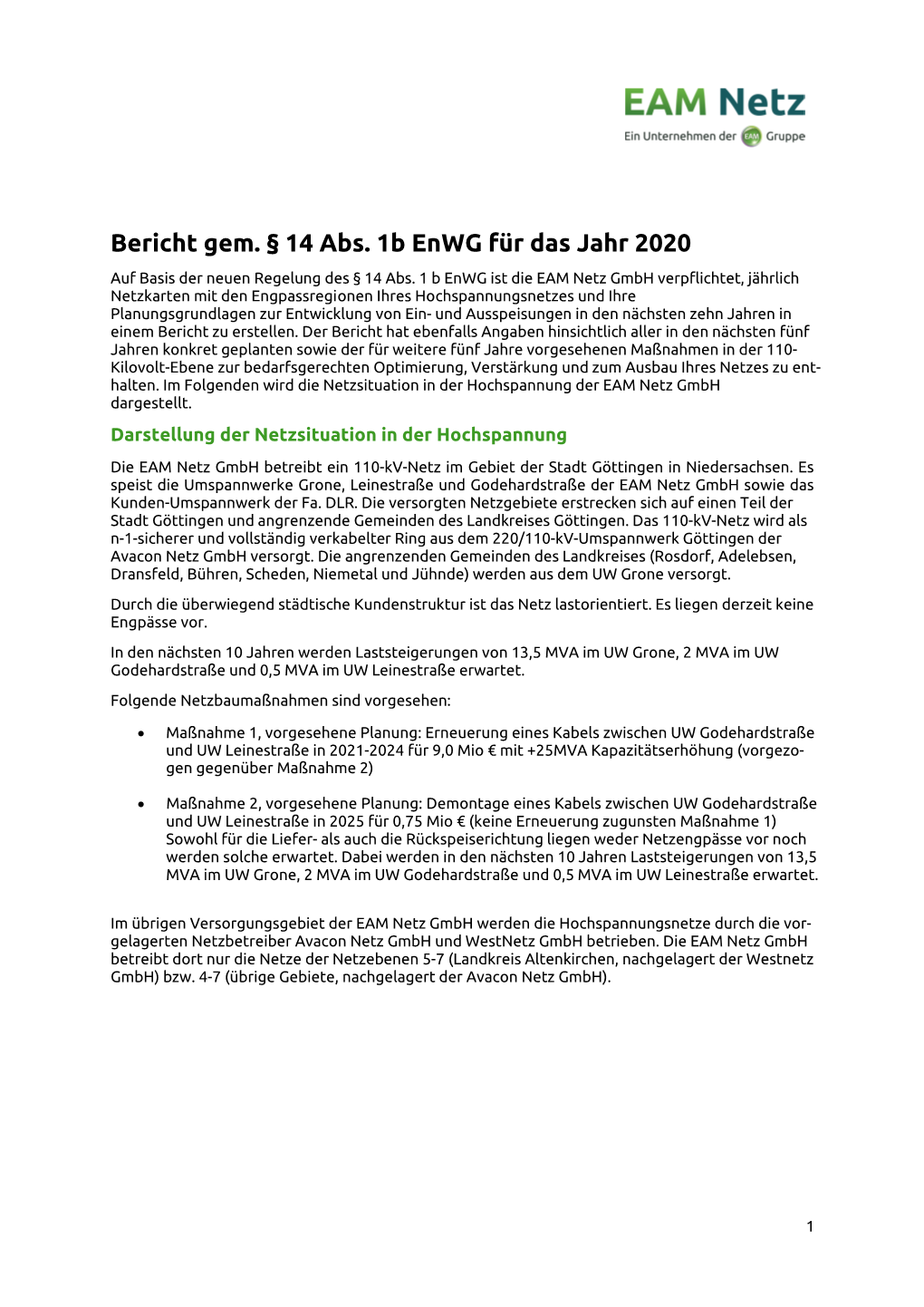 Bericht Gem. § 14 Abs. 1B Enwg Für Das Jahr 2020 Auf Basis Der Neuen Regelung Des § 14 Abs