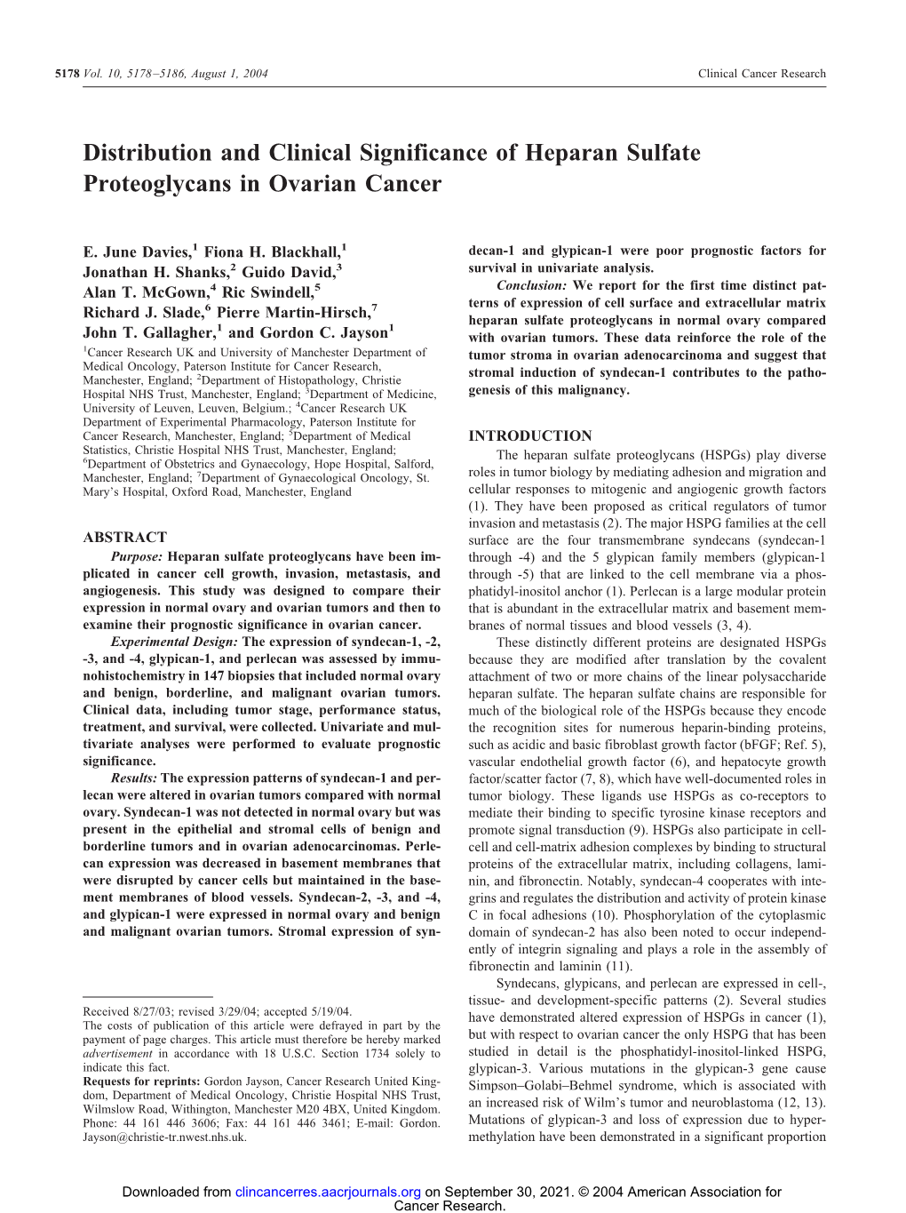 Distribution and Clinical Significance of Heparan Sulfate Proteoglycans in Ovarian Cancer