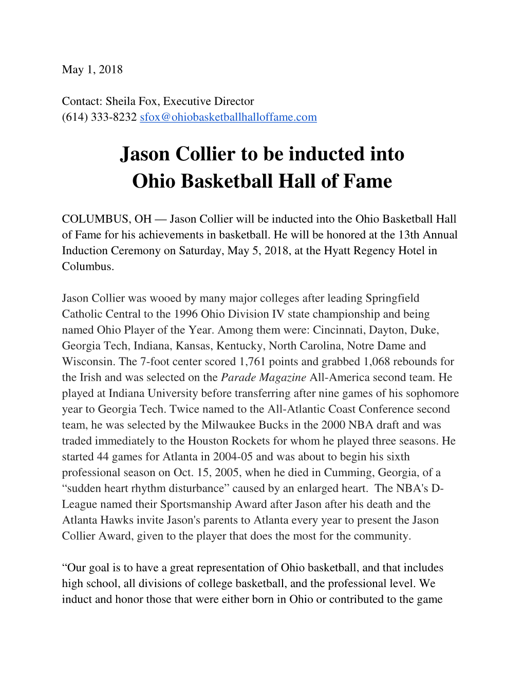 Jason Collier to Be Inducted Into Ohio Basketball Hall of Fame