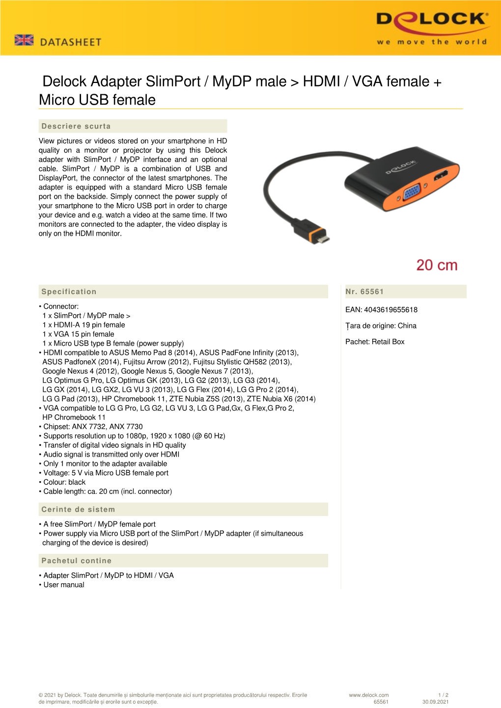 Delock Adapter Slimport / Mydp Male > HDMI / VGA Female + Micro USB