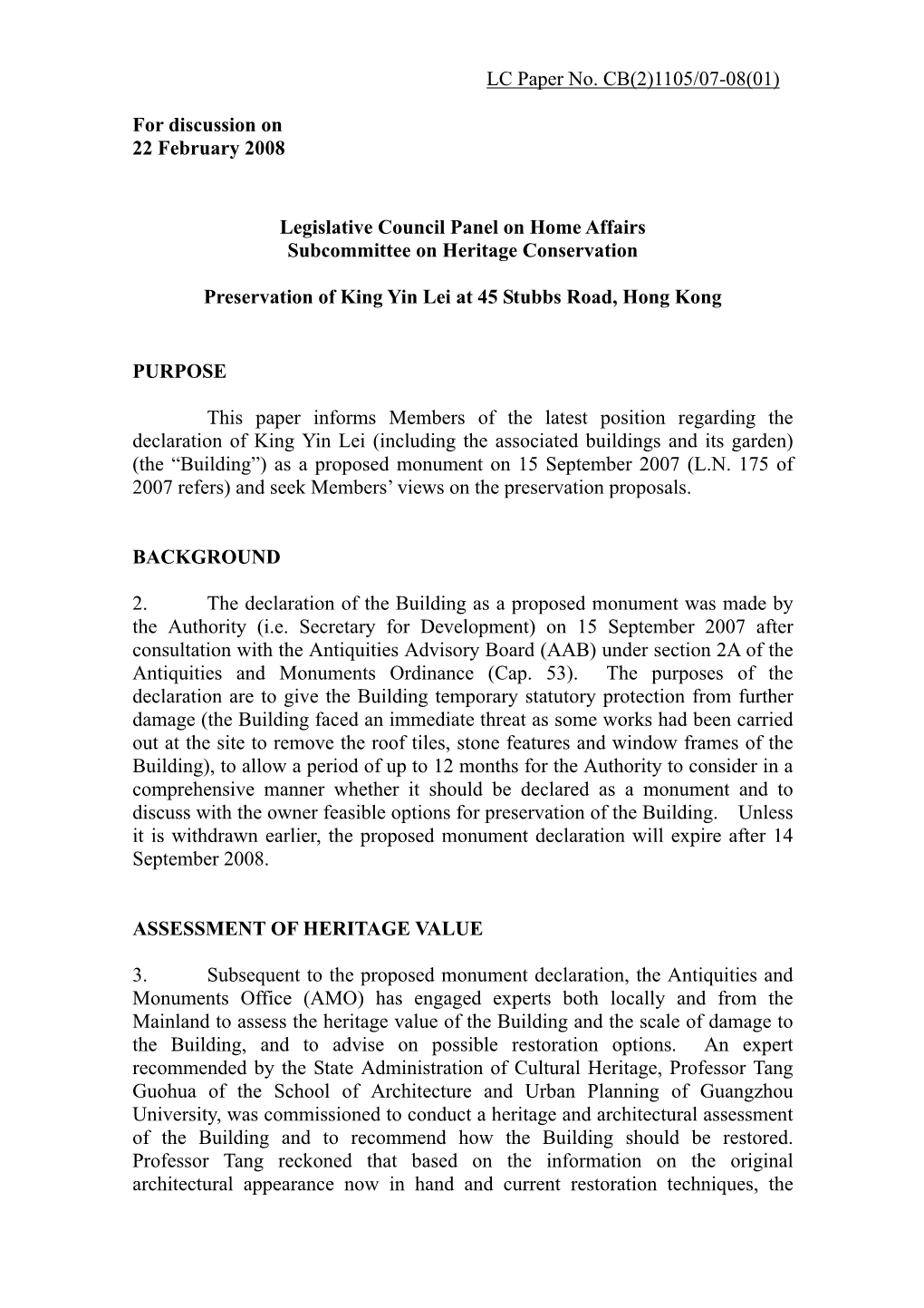 LC Paper No. CB(2)1105/07-08(01) for Discussion on 22 February