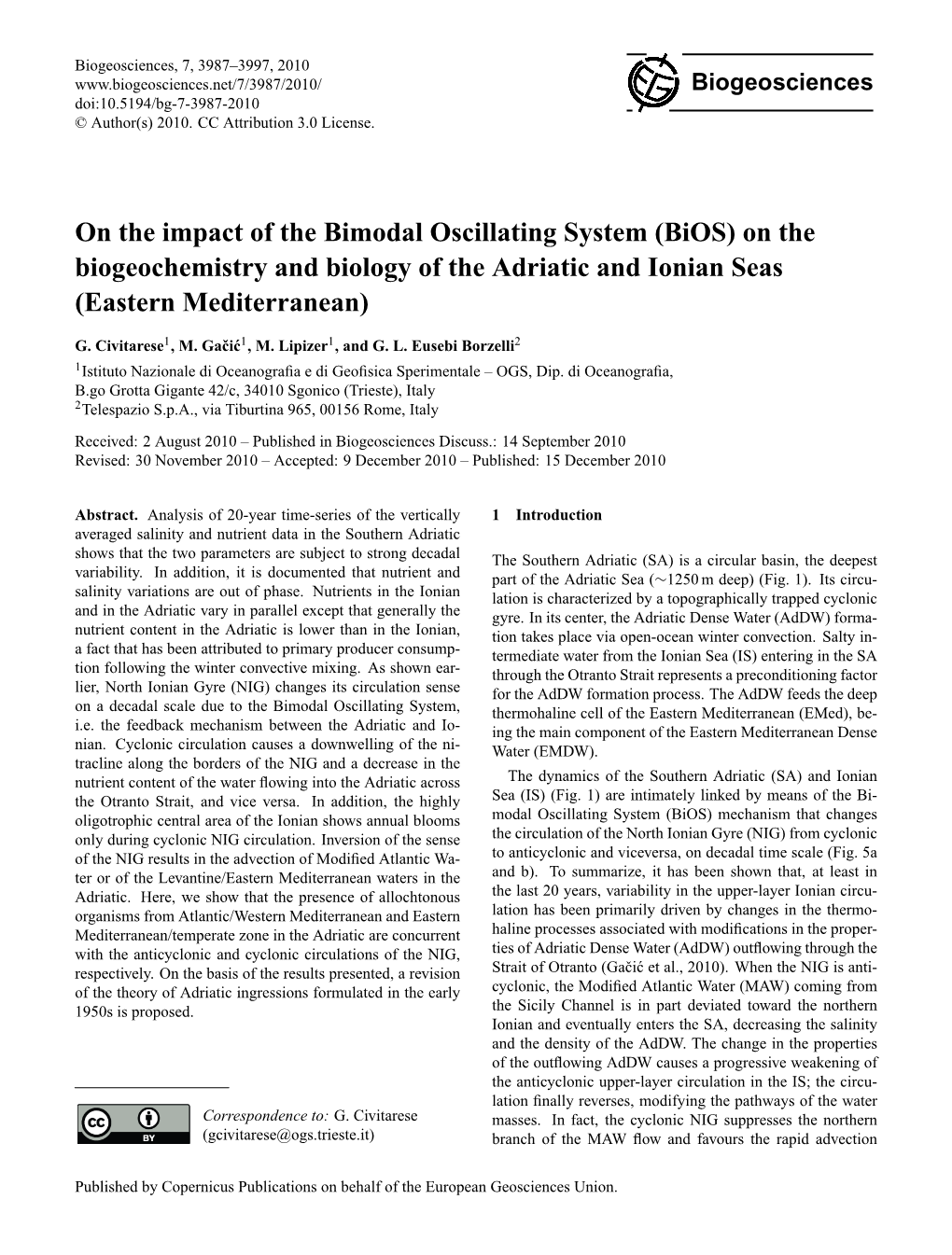 On the Impact of the Bimodal Oscillating System (Bios) on the Biogeochemistry and Biology of the Adriatic and Ionian Seas (Eastern Mediterranean)