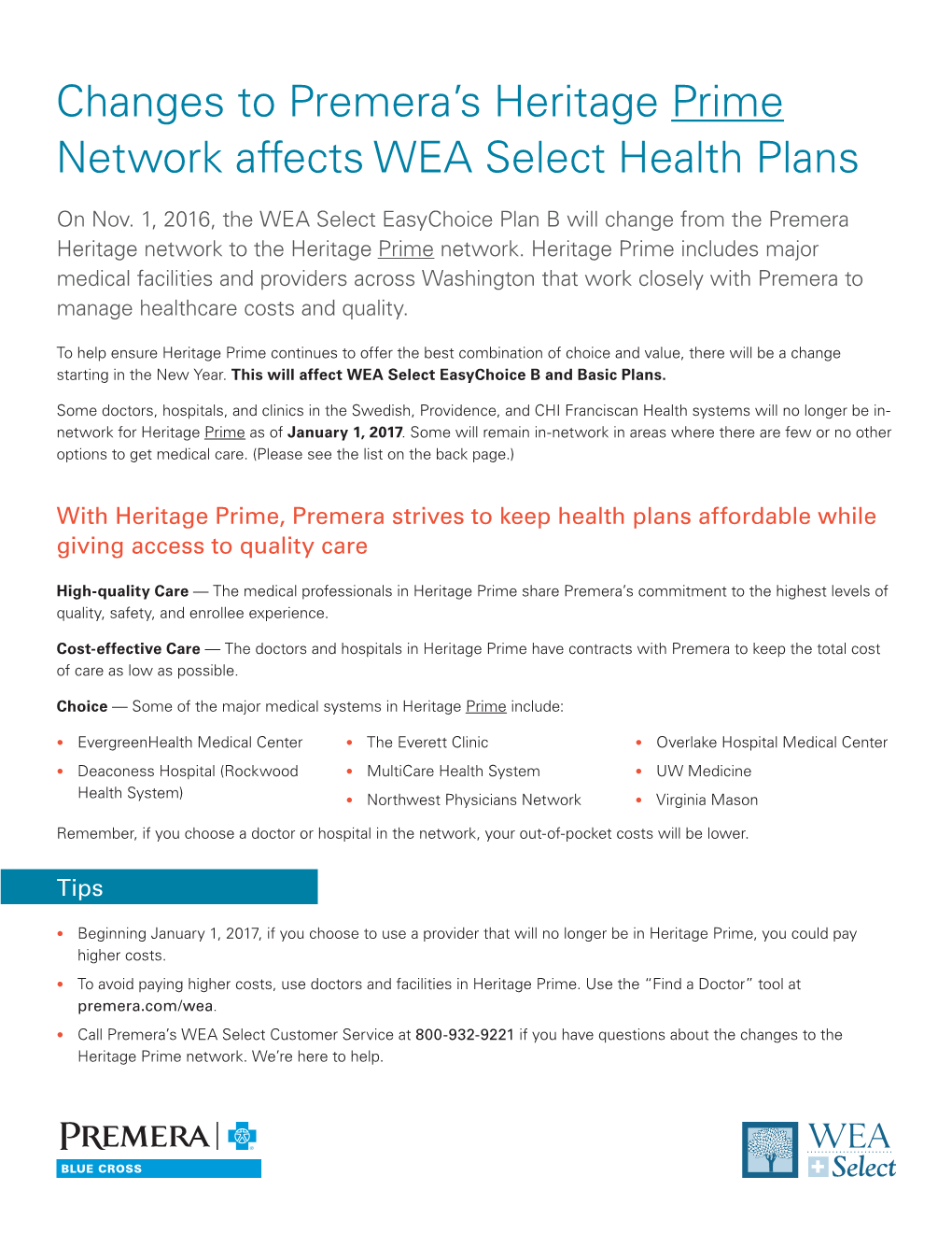 Changes to Premera's Heritage Prime Network Affects WEA Select Health