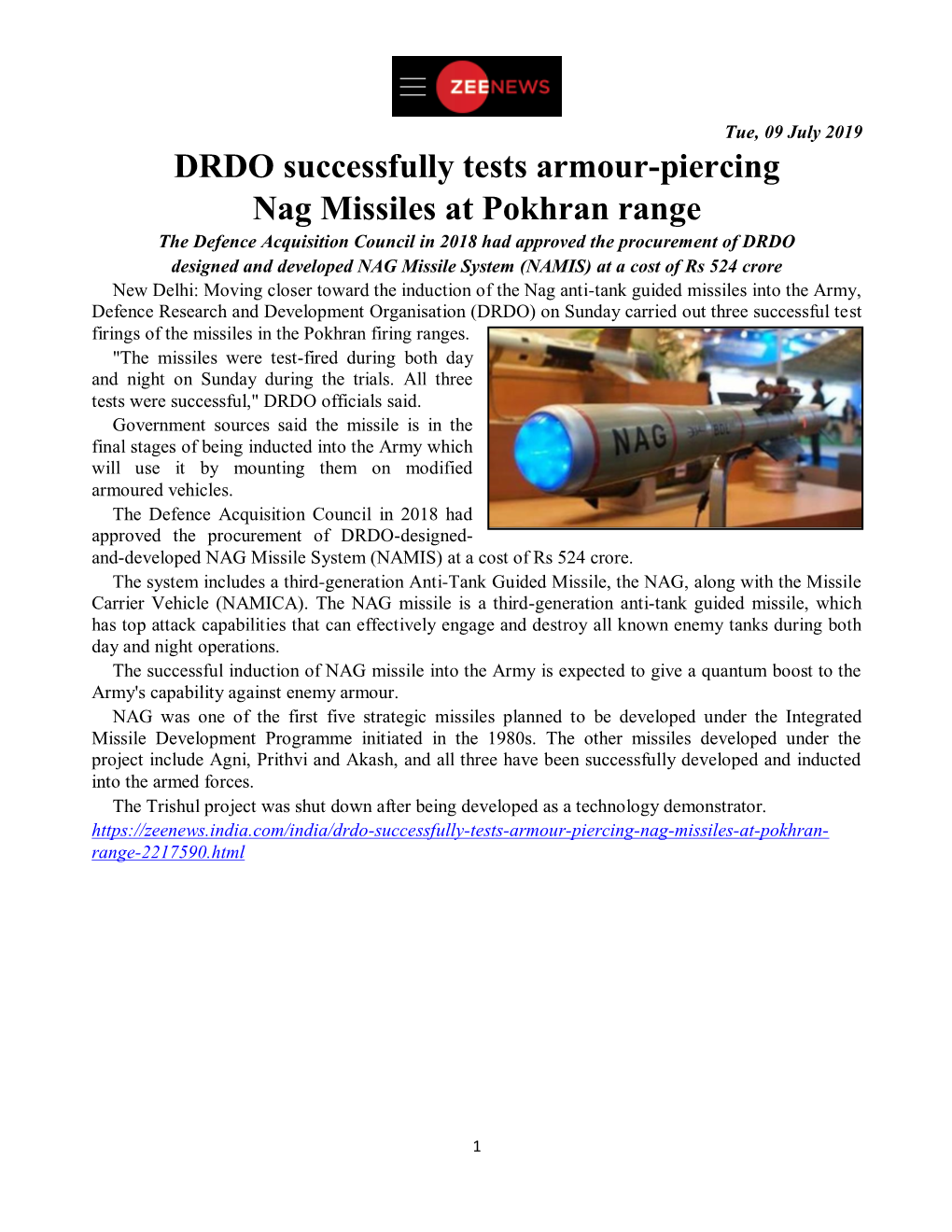 DRDO Successfully Tests Armour-Piercing Nag Missiles At