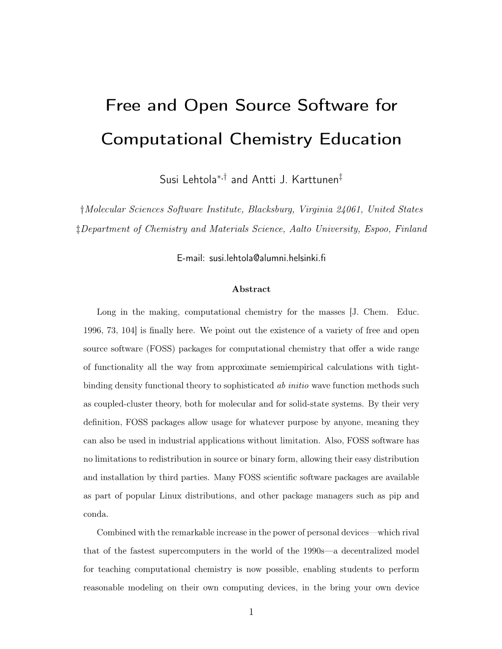 Free and Open Source Software for Computational Chemistry Education