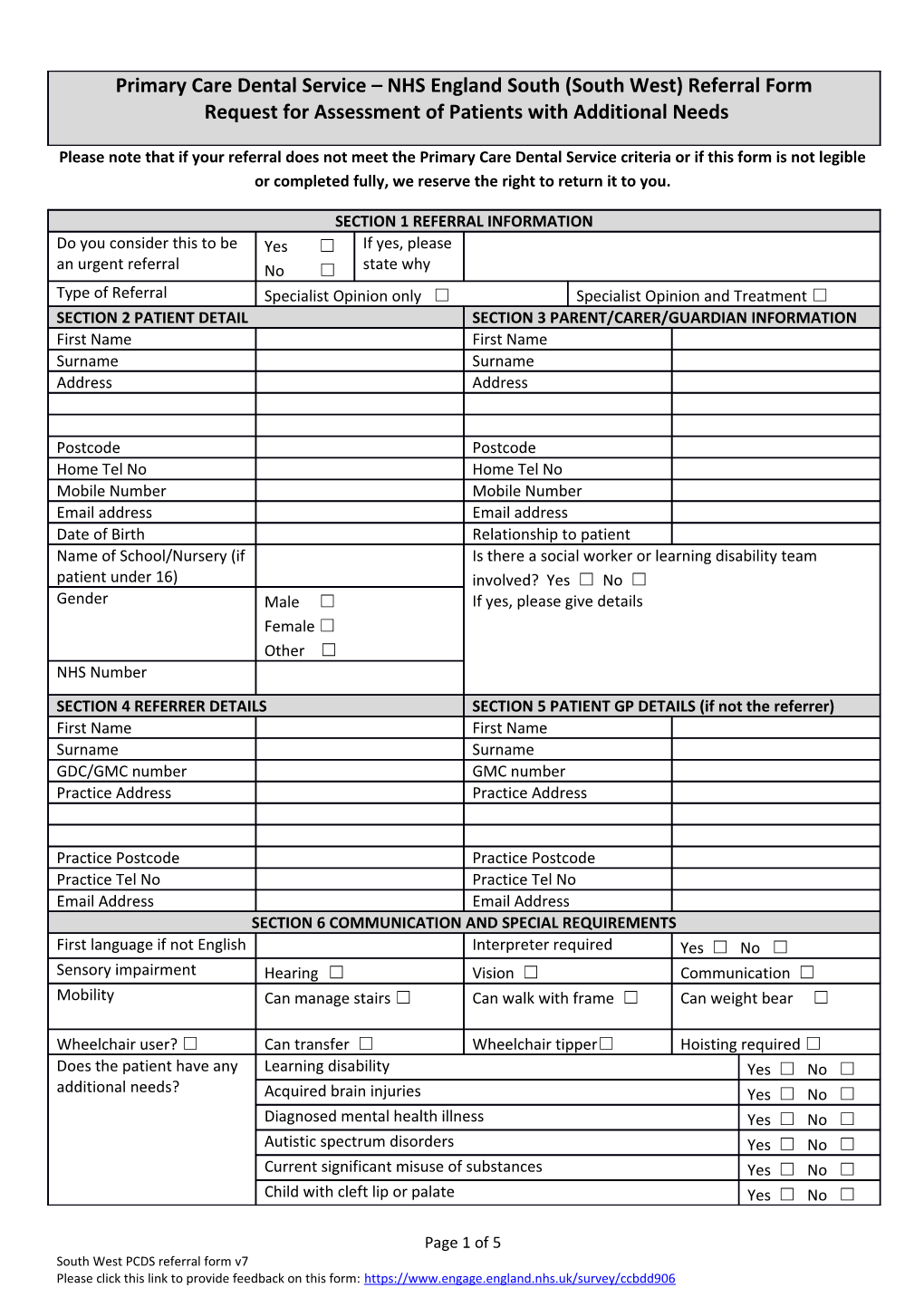 Primary Care Dental Service NHS England South (South West) Referral Form