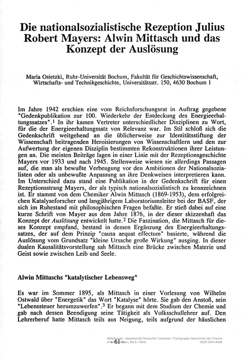 Die Nationalsozialistische Rezeption Julius Robert Mayers: Alwin Mittasch Und Das Konzept Der Auslösung