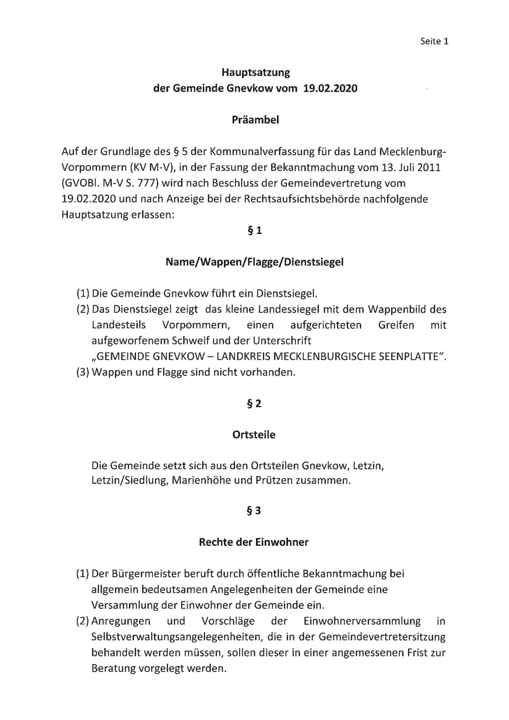 Hauptsatzung Der Gemeinde Gnevkow Vom 19.02.2020