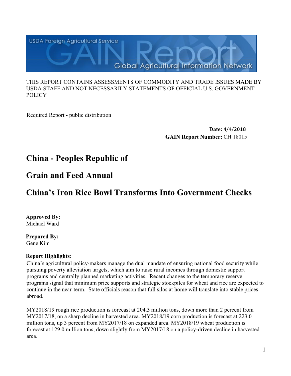 China's Iron Rice Bowl Transforms Into Government Checks Grain And