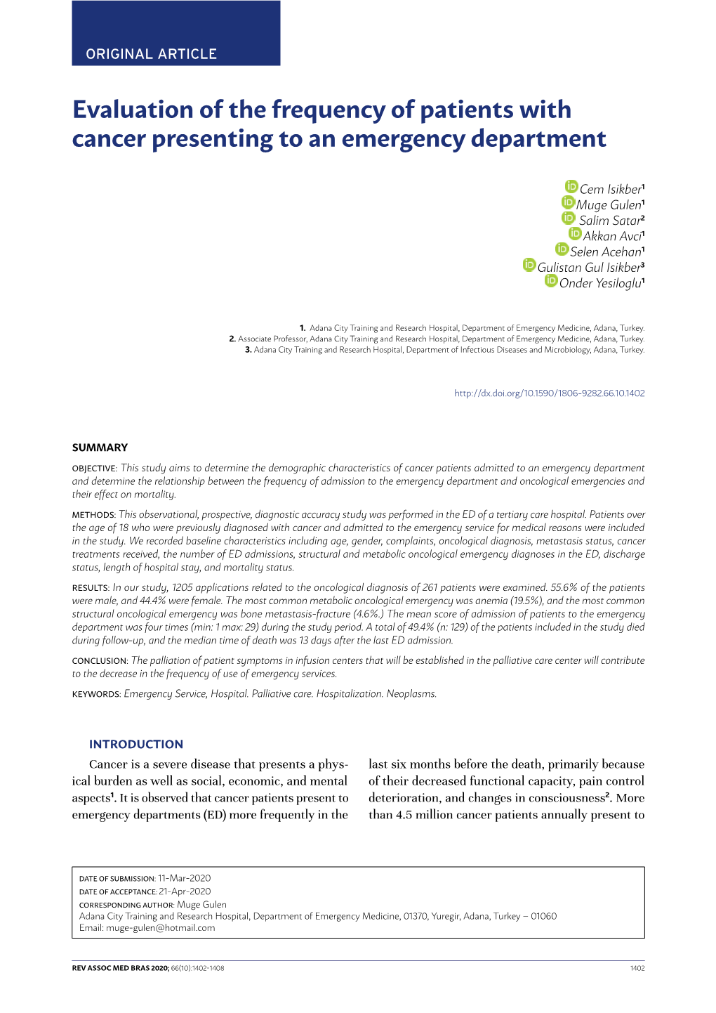 Evaluation of the Frequency of Patients with Cancer Presenting to an Emergency Department